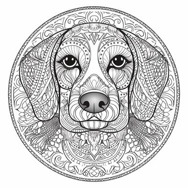 logo, mandalas dachshund dog , head, facing front, cute, circle frame, cartoon clipart, vector, bold line, white isolated background, high definition