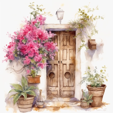 Create a beautiful watercolor clipart vignette of a rustic Mediterannean courtyard with a collection of white flowering potted plants, flowering hanging baskets and hot pink trailing bougainvillaea against a painted white rustic cottage door. The composition should be set against an isolated white background, with a bright and airy feel. Focus on capturing intricate details such as the delicate petals of the roses. Use a loose and fluid watercolor technique to create a sense of movement and ligh