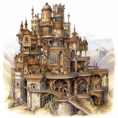 Watercolor hyperdetailed ultra realistic clipart of steampunk fictional worlds like Middle Earth, Hogwarts, or Narnia, including intricate details such as famous landmarks, architecture, and landscapes