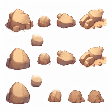 simple desert boulders, top down video game asset, isolated figures, hand drawn, level art, atmospheric effects, spatial concept art, muralist, clipart, ps1 graphics, deconstructed objects, 2d, plain background