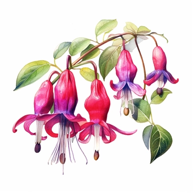a watercolour painting of a fuchsia flower, in the style of uhd image, dansaekhwa, traditional, flourishing botanicals, exotic, white background, colorful, antique clipart, vibrant intense colors, photorealistic botanical satin drawing in the style of Pierre-Joseph Redoute