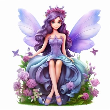 a beautiful smiling fairy girl sitting in flowers, big wings, purple dress, pixar style, full body image, clipart, white background