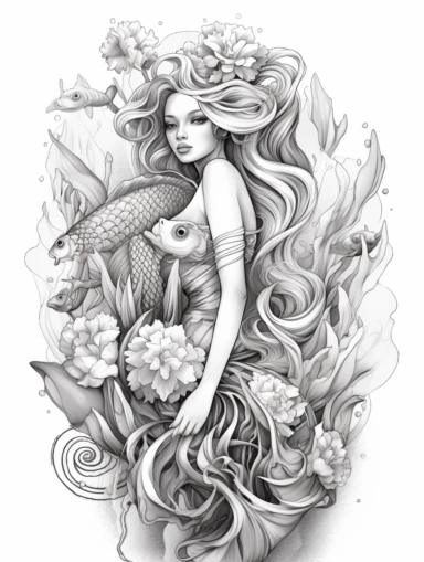 Coloring book, white background, black and white, clip art. Mermaid. Fish bottom, woman top. Mermaid has large wings.
