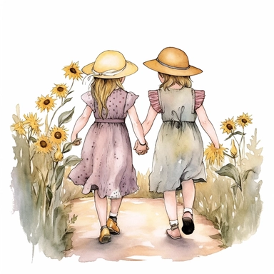 two little country girls from the early 20th century, holding hands running together along a path that has sunflowers and lavender and wildflowers growing nearby watercolor clipart no fonts no letters no words