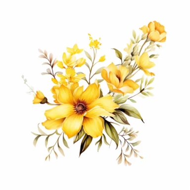 watercolor Sunshine Yellow floral line for decoration, style of Pierre-joseph redoute, png, clipart, hd, contour white outline, isolated on white background