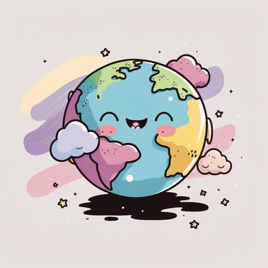cute planet earth clipart style, vector, logo, cute, golden, purple, teal, pink, lite blue, picture book style, children's lesson book, captivating, kid friendly cute character, black and white, coloring book style, cartoon style, vector image, simple, line art style, character, white background