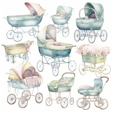 Generate a watercolor clipart series of classic baby items, such as prams, bassinets, and mobiles. The colors should be soft and soothing, with lots of pale blues, pinks, and yellows. The images should be detailed and sophisticated, with clean lines and refined details, white background