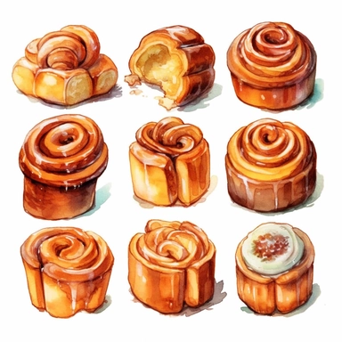 Watercolor cinnamon roll, illustrations clipart set, simple, soft colors, cartoon elements, different variants, bread from around the world, wooden elemnts, separate elements with a margin