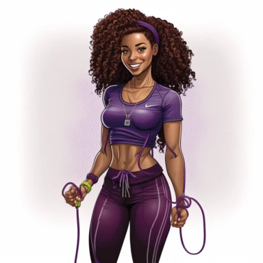 lean black woman with curly hair, smiling, in purple workout clothes clipart, holding a jump rope, wearing sneakers, detailed, rendered, illustration clipart