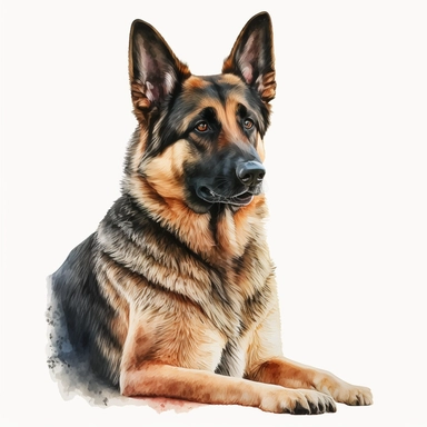 a watercolor art painting of a German Shepherd, clipart, white background