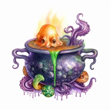 hand drawn black cauldron with bubbling potion, large bone in the cauldron, an octopus tentacle coming out of cauldron and hanging on the side, Halloween, purple orange and green shades, fantasy, glamorous, clipart style, detailed and realistic, watercolor, white background with margins
