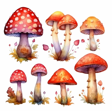A colorful watercolor forest mushrooms clipart in PNG format, with a white background and easy to cut out