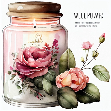 watercolor, hyper realistic, white background, white margins, 16k, ultra detailed clipart, cut out image, hand-drawn A vintage-style clipart featuring a scented candle jar, exuding a warm glow and emitting a fragrant aroma.Use soft and muted colors such as dusty rose, dark rose pink, and sage green for a vintage-inspired palette.
