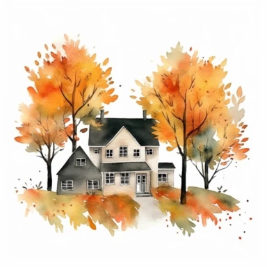 basic watercolor autumn house clipart in minimal hand drawn style, Etsy, textured, clipart, white background