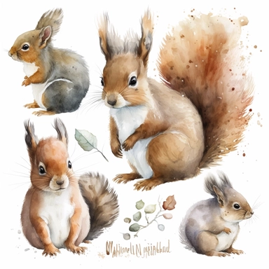 Woodland Animals Clipart Watercolor, cute baby squirrel, fluffy tail, detailed watercolor, white background