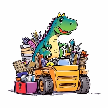 a cute cartoon T-Rex driving a big forklift with SCHOOL SUPPLIES as Index cards,Lunch box,Sharpie pens,Highlighters,Erasers,Pencil sharpener,Pencils,Ballpoint pens, that can be used as a sticker, colorful, high detailed, white background, style of pixar clipart, white background,--no cut off edges