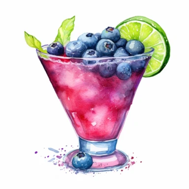 A colorful blueberry margarita in a salt-rimmed glass, with a wedge of lime and blueberries on top , Watercolor, pastels, clipart, beautiful, colourfull, png transparent white background, high resolution, no caption q4 s2