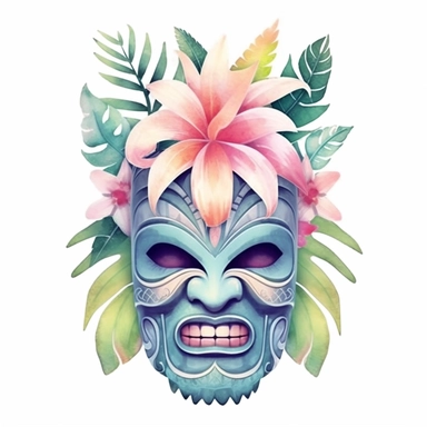 Pastel Cute Beautiful Hawaii Mask tropical flower Watercolor Sublimation Clipart,Cartoon, hyper realistic, intricate detail, illustration style,high solution,on the white background