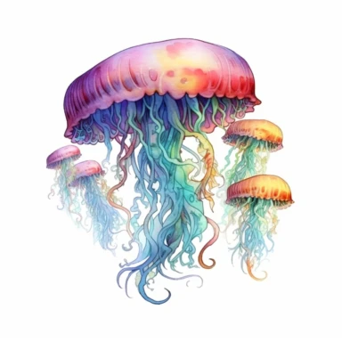 Whimsical Jellyfish, fantastical marine setting, clipart, watercolor style, white background