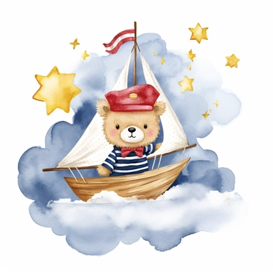 dreamy dark night sky clouds and a swarm of golden stars. a cute happy chibi plushie sailor bear in a blue and white striped shirt and a sailor hat and a small red bowtie, in a wooden sailboat with a white sail, sailing on fluffy clouds, not sea. prominent visible brush strokes, watercolour texture, watercolor clipart png on white background