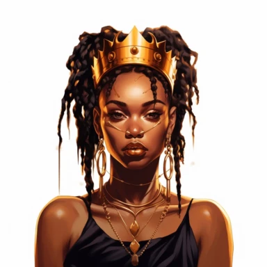 black dark-skin women with short dreadlocks wearing a golden crown staring straight forward with big shiny lips, clip art