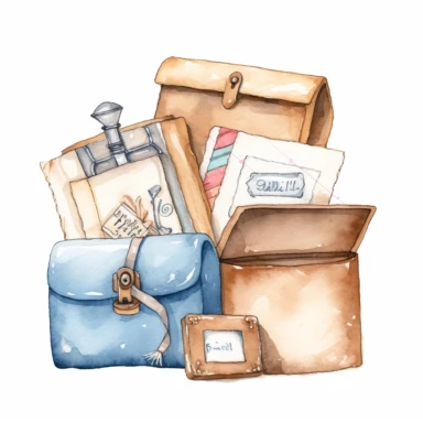 Watercolor cute mail clipart. brown blue beige white background