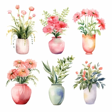 et of watercolor flowers and home plant clipart, flowers vase, flowers in pots, detail, isolated white background, 8k