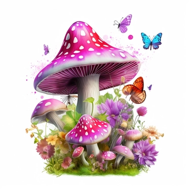 single clipart image png graphic of a Hyper Realistic Vibrant Magical Mystical, mushrooms, butterflies, flowers, pastel Color’s, png, white background