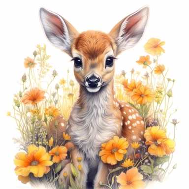 cute but realistic color pencil sketch clipart. baby deer, sitting in the flowers