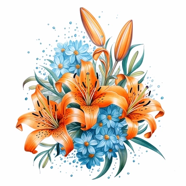 a bouquet of bright orange tiger lilies with blue baby’s breath, color pencil sketch on a white background for clipart
