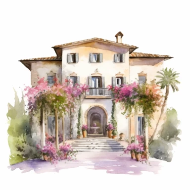 Watercolor drawing italian venue, wedding venue in flowers, watercolor clipart, white background, isolated on white, 8k, watercolor style