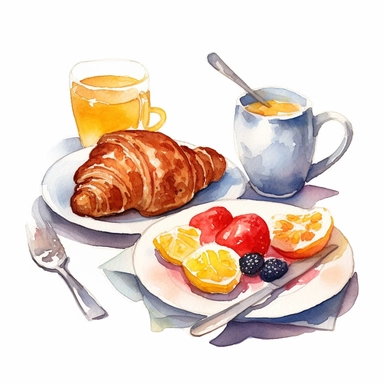 one breakfast time watercolor clip art on a white background, in the style of fine detailed, iconic, weathercore, broad palette knife marks, intense, no watermark, text, words, paintbrush, typography, the images do not stick together