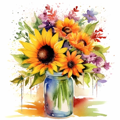 Embark on a mid-journey filled with creativity as you delve into the world of watercolors. Imagine a delightful scene featuring a watercolor sunflower clipart floral bouquet elegantly arranged in a charming jar. Embrace the power of choice by exploring different background options that will bring your artwork to life. Allow the colors to dance on the canvas and let your imagination bloom on this artistic path of self-expression. white background