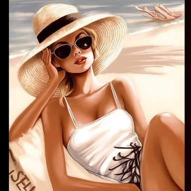portrait view, full view, clipart illustration, beautiful lady sunbathing on beach, exact image, sharp focus, high detail, (--iw 5)