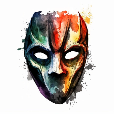 scary halloween mask watercolour tempera clipart illustration, vivid dark colours, clean, crisp, smooth, white background