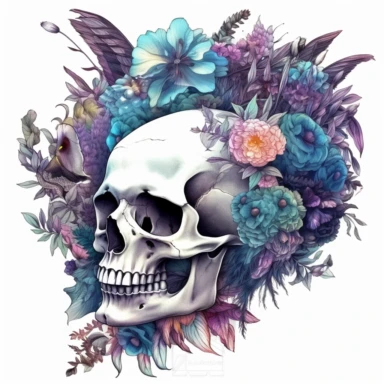 Clipart, fantasy skull with a lot of flowers and plants, hyper detailed, floral, feather, leaves, deep shadows, watercolor, gothic, pink and marsh blue, vintage style, white background