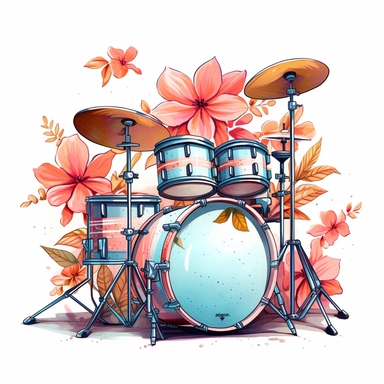 painting of a drum set with floral on white background, clipart, illustration, ultra detailed art, illustration style, comical, illustration, detailed,png, 8k