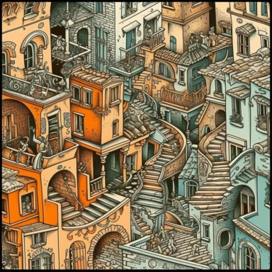 mc escher clipart artwork. defined edges. highly detailed. fully formed anything that is drawn. hypnotizing. colorful. authentic. create your own themes fot every square. meaningful