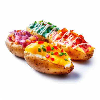 Classic loaded potato skins, bold colors, retro neon style, photorealistic, high-resolution photography, transparent background PNG clipart – ar 16:9
