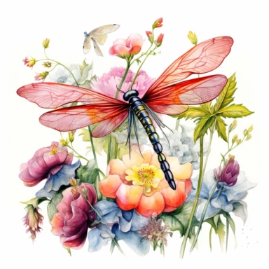 artwork in the style of cicely mary barker, clipart, whimsical watercolour illustration of a cute dragonfly and flowers, very colourful, watercolor clipart, book cover illustration, hyper HD, white background