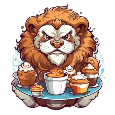 cute funny clipart of beast mode lion with cakes in mouth graphic design for a tshirt in a cartoon style, heavy outlines,bold outlines, flat shading , vector, contour, isolated plain white background