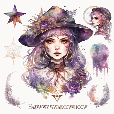 watercolor witchcraft set of gateway, watercolor clipart, isolated elements, in the style of the stars art group (xing xing), tanya shatseva, artgerm, Josephine Wall, pastel colors scheme, charming character illustrations, cute cartoon, beautiful facial features, detailed costumes, lovely, uhd image, transparent/translucent medium, bloomcore, matte painting, white background