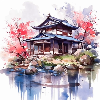 japanese house clipart, water colour, spring, sakura, japanese ornamental flowers and seasonal flowers, rocks in front of house with dripping paint as shadows vibrant dull but serious tone