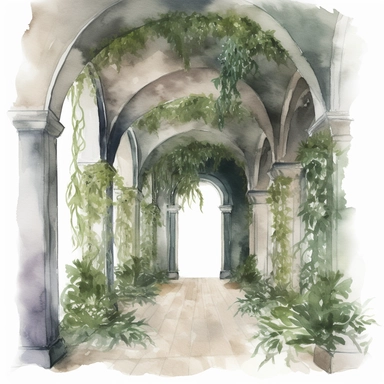 watercolor overgrown castle hallway clipart, no background, greenery