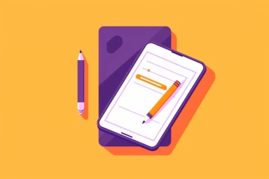 a tablet near a phone on a yellow background with a few cliparts on it, in the style of dark violet and orange, minimalist graphic designer, modular construction, website, rectilinear forms, minimalist pen lines, innovative page design