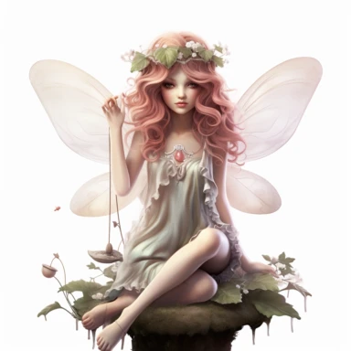 Elegant Fairy Sitting on a Dew-Kissed Mushroom, her ethereal presence bringing harmony to the woodland realm. The soft, dreamlike lighting envelops her face and flowing hair, emphasizing her grace and natural beauty. The clipart showcases her in full body, meticulously capturing the intricate details of her enchanting form against a clean white background.