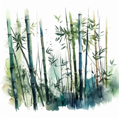 Illustrate a serene watercolor clipart of a bamboo grove, showcasing the tranquility and strength often symbolized in Japanese art. In HD on a white background.