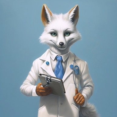 An ultra-realistic depiction of a blue fox mascot donning a professional white coat and stethoscope, as it holds a clipboard featuring a checklist of minor ailments and a pharmacy cross logo. Medium: Photorealistic acrylics on canvas. Style: Evoking the accuracy and realism of artist Pedro Campos. Lighting: Soft, diffused light coming from the left, creating gentle highlights and shadows. Colors: Emphasize a balanced, natural color palette, with various shades of blue for the fox, the clean whit