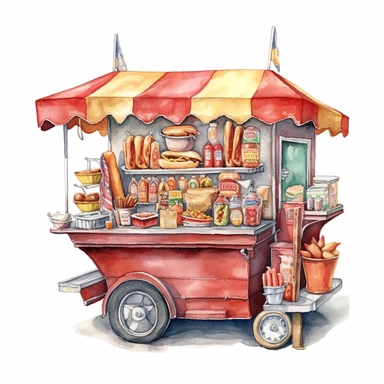an enchanting watercolor, hyper-realistic clipart image with a white background and white margins, featuring a hot dog cart with a cheerful vendor serving up delicious hot dogs. The ultra-detailed, hand-drawn elements capture the intricate details of the cart and the vendor's attire. Use whimsical touches to add a sense of bustling street life, and bold shades of various colors to create a visually appealing and lively image.