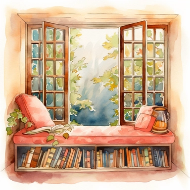 A watercolor clipart of a window seat in a book room, with a cushioned seat and a large window overlooking a garden or a scenic view, with a few books stacked nearby, warm tones